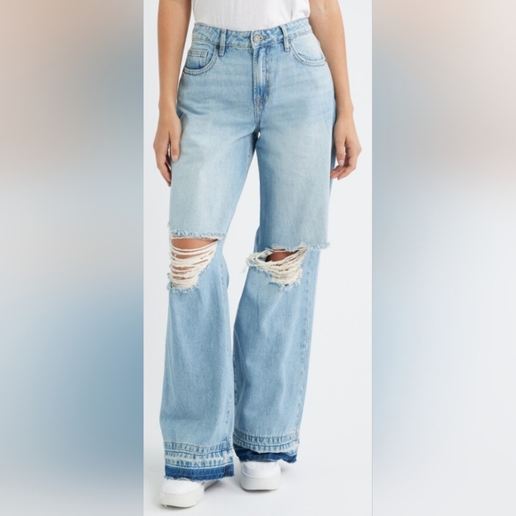 Hidden Jeans Denim - Women's Wide Leg Light Blue Distressed Jeans